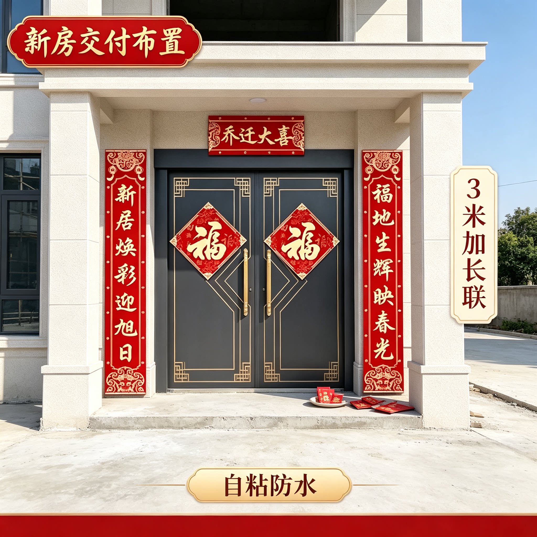 乔迁门贴农村自建房入户门3.0米自粘防水搬家入宅仪式布置用品