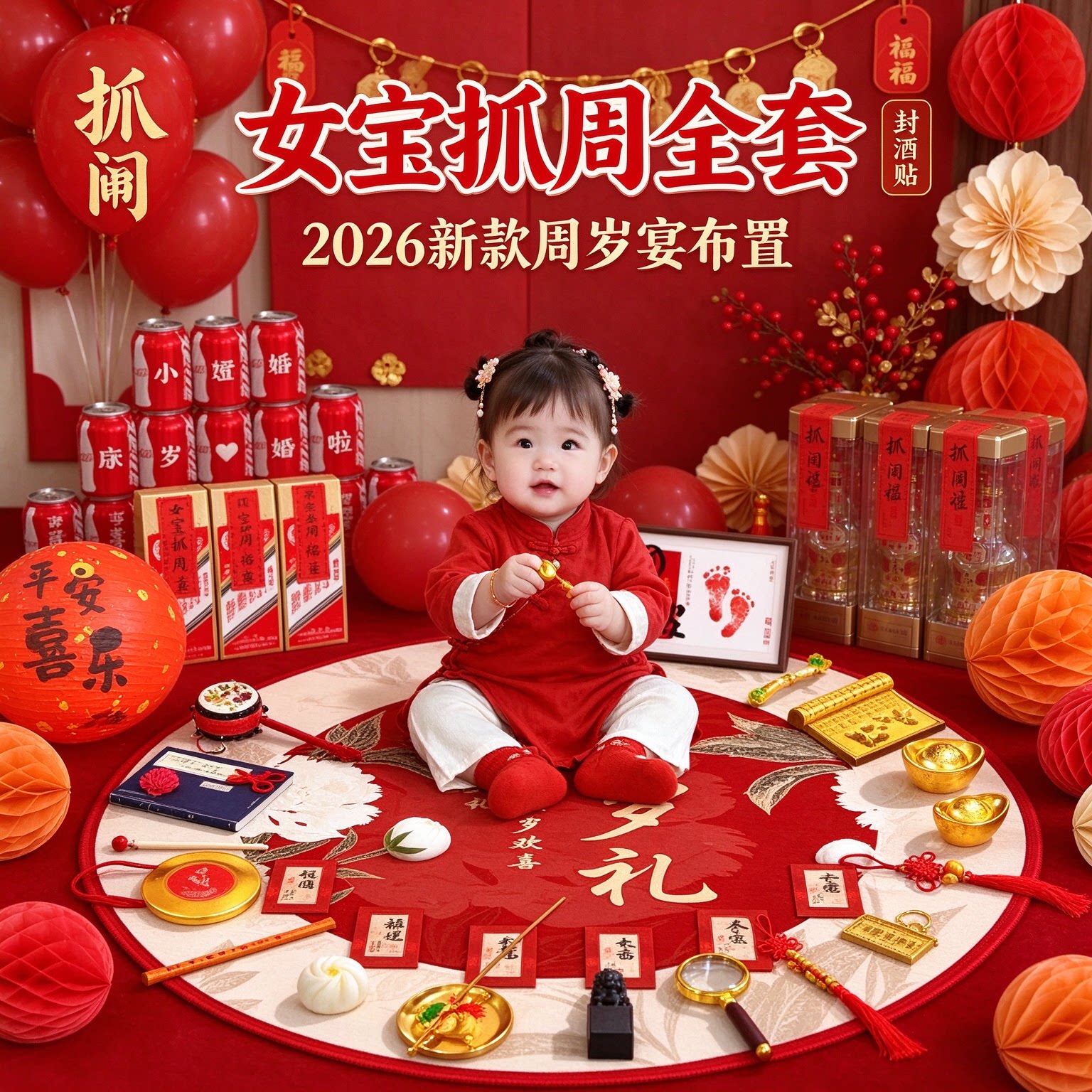 婴儿抓周道具女宝全套2026新款送封酒贴周岁宴布置装饰用品大全