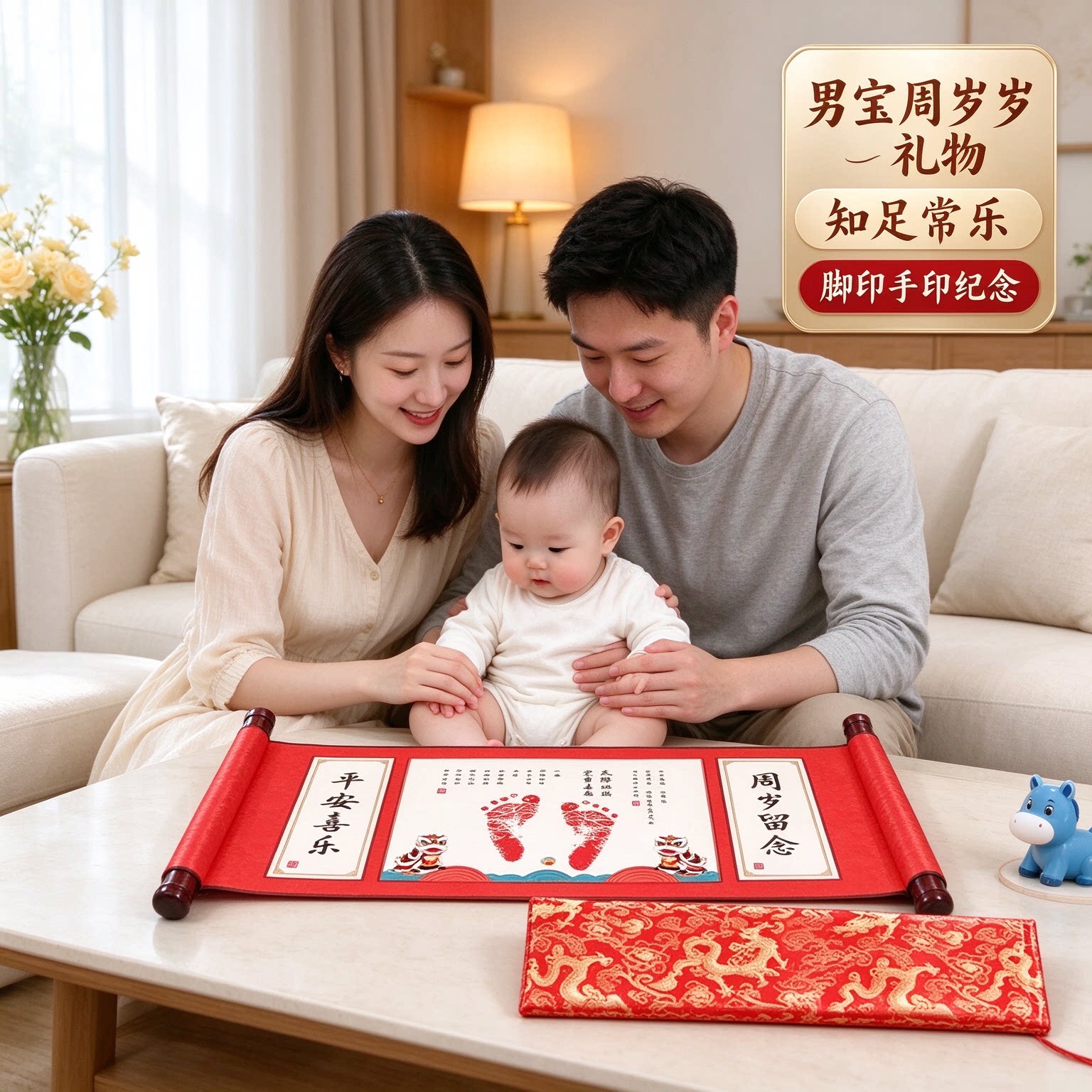 知足常乐男宝周岁礼物婴儿脚印手印纪念字画萌趣可爱聪明伶俐平安