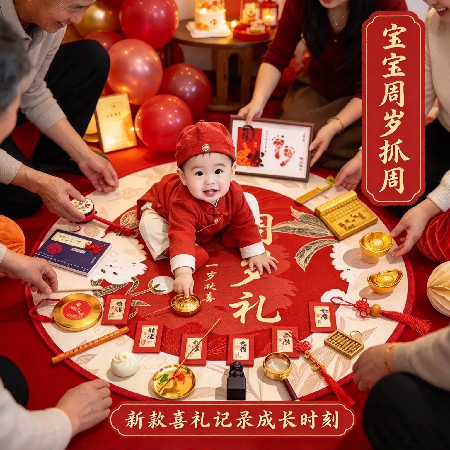 抓周道具摆件一周岁幼童全套2026新款铜称生日布置装饰用品大全