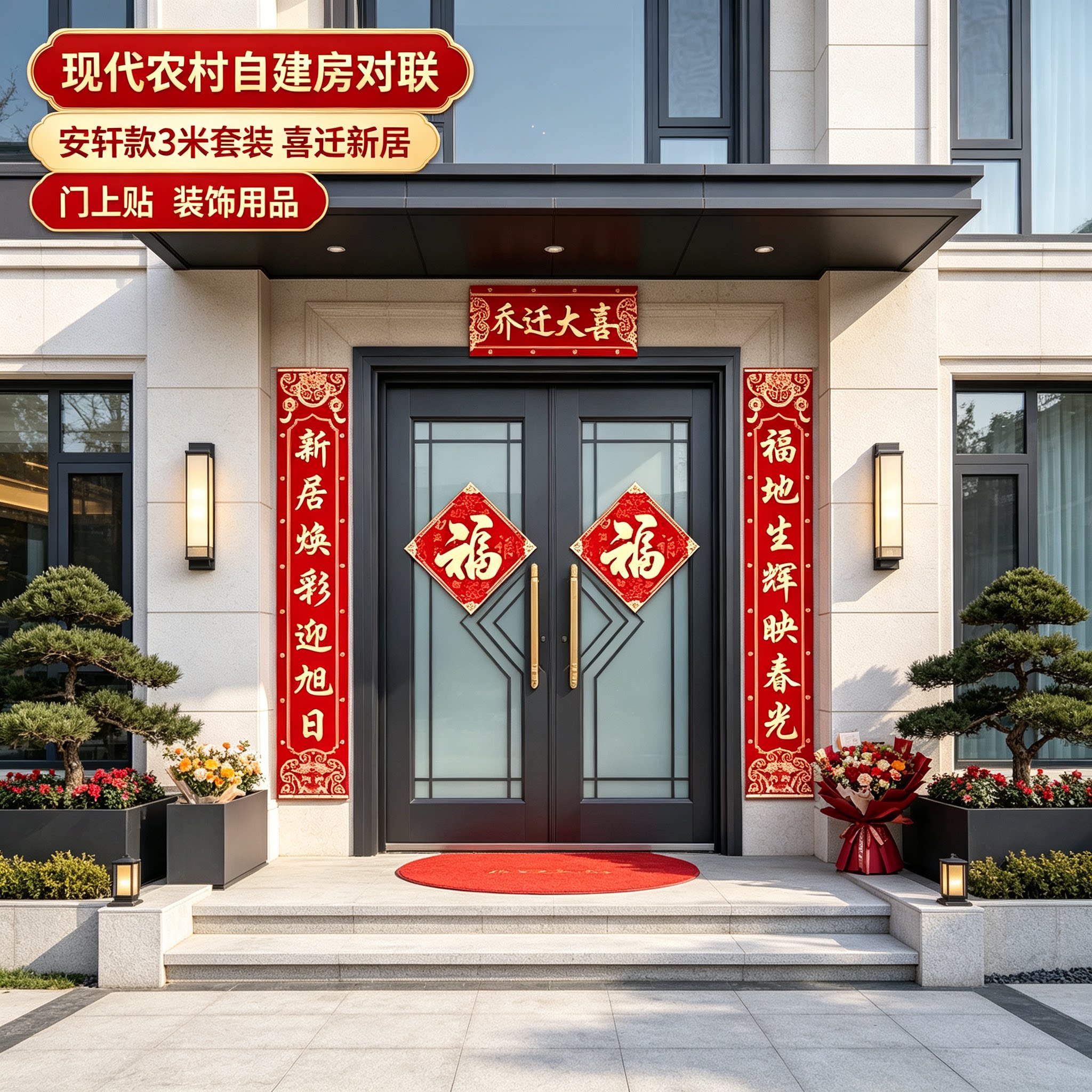 喜迁新居农村自建房门上贴对联3米套装新房入宅布置装饰福字门贴