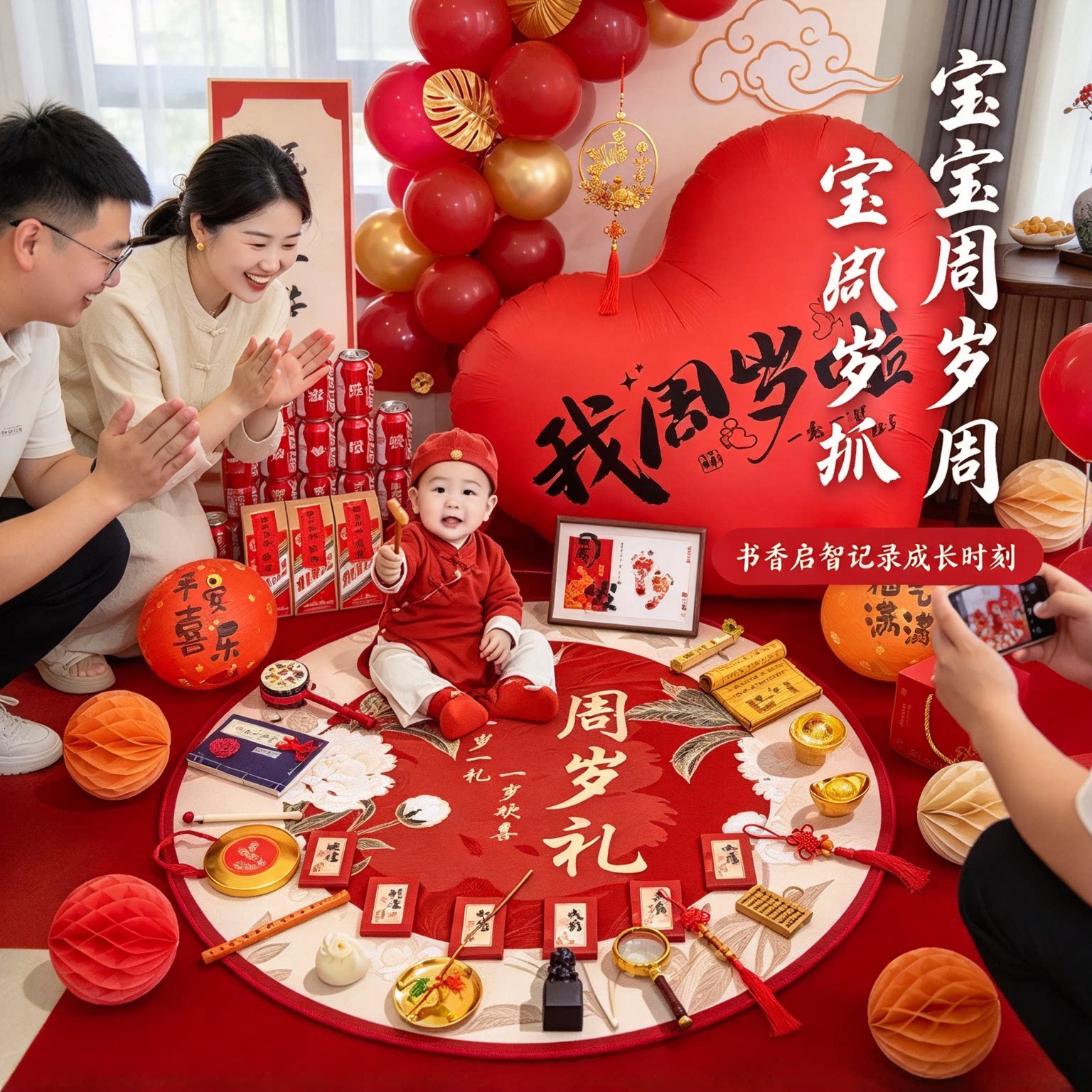婴儿抓周用品全套男女孩18件套2026新款送封酒贴一周岁布置装饰