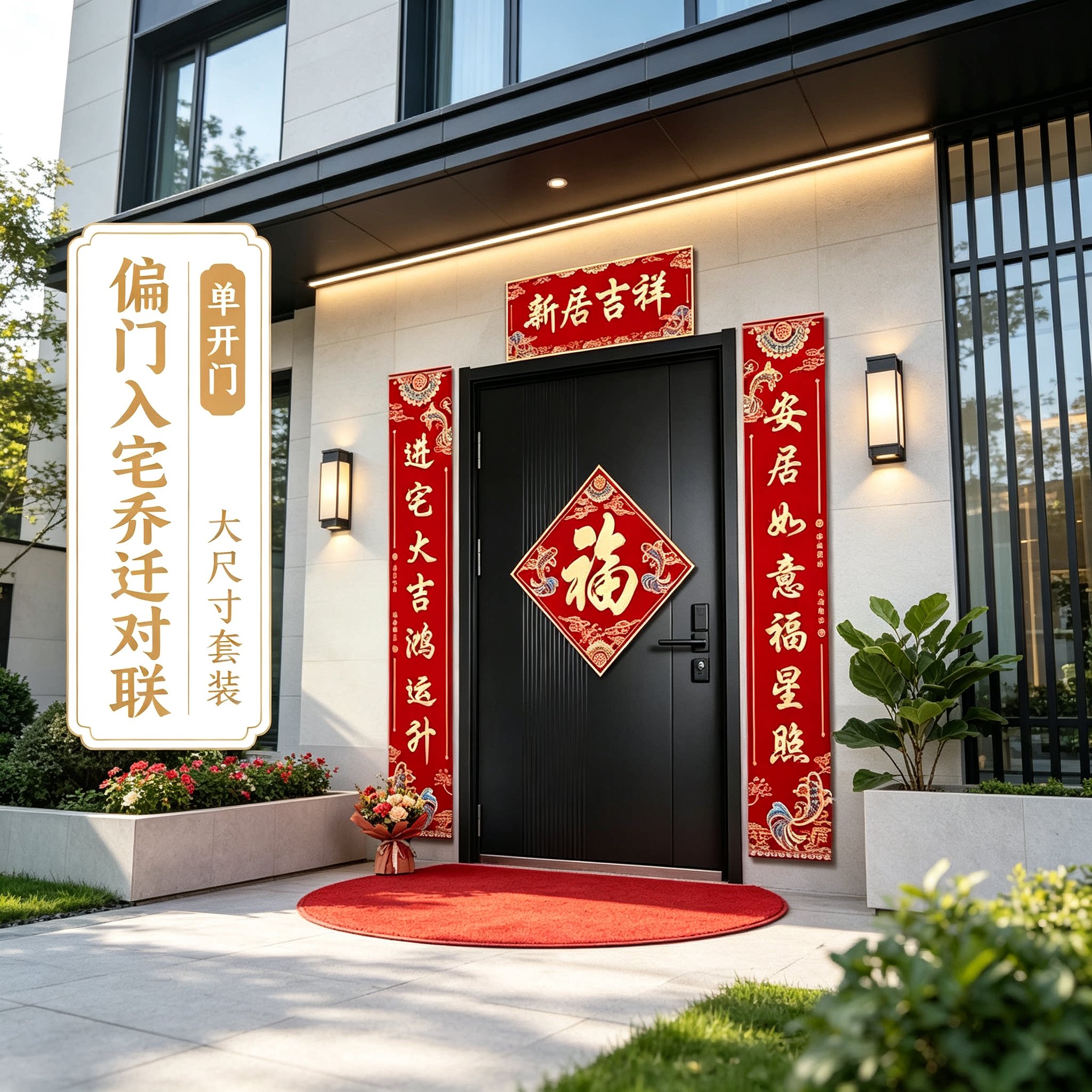 单开门入户小对联门上贴大尺寸套装新居搬家入宅仪式布置福字门贴