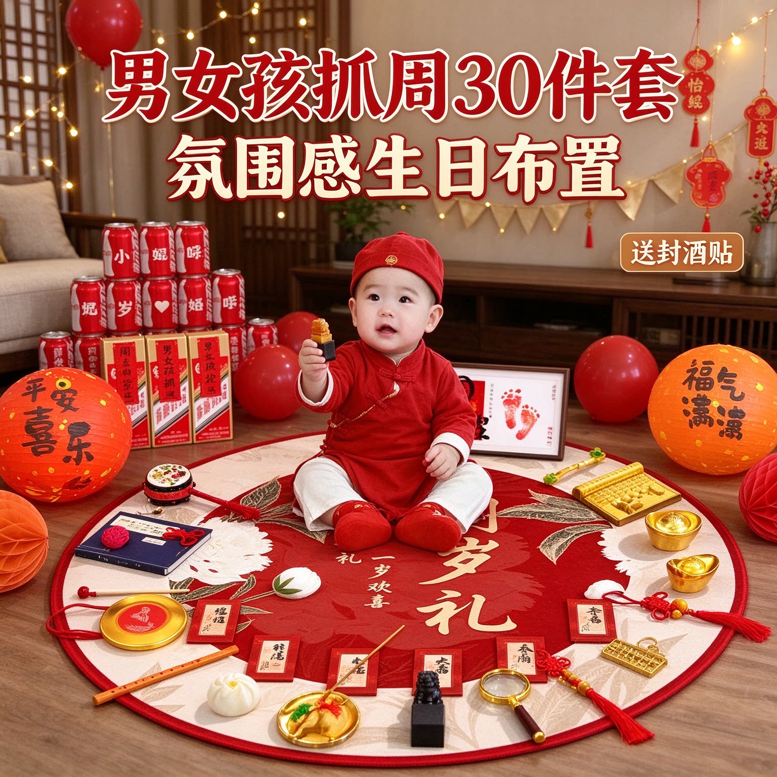 抓周道具套装男女孩30件套氛围感送封酒贴生日布置装饰用品大全