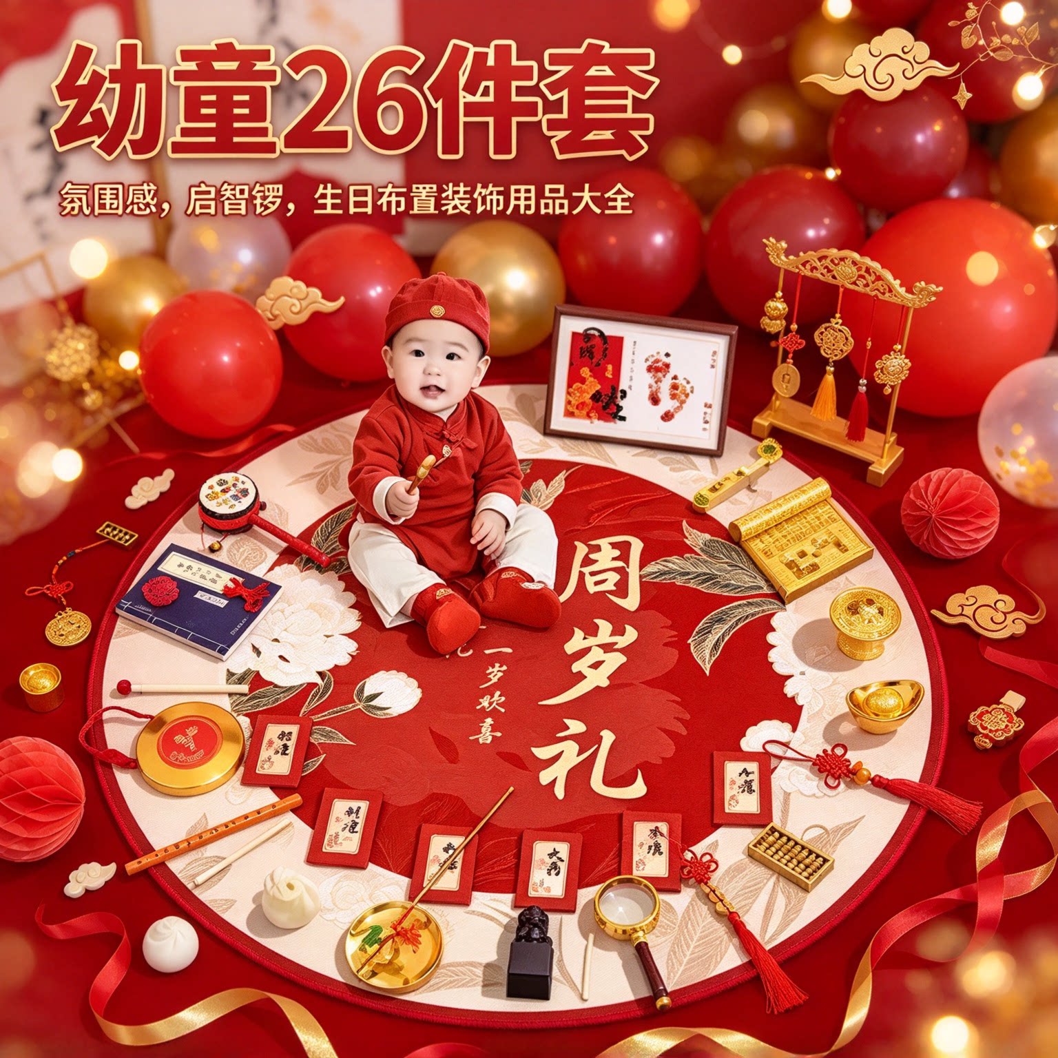 周岁礼抓周道具全套幼童26件套氛围感启智锣生日布置装饰用品大全