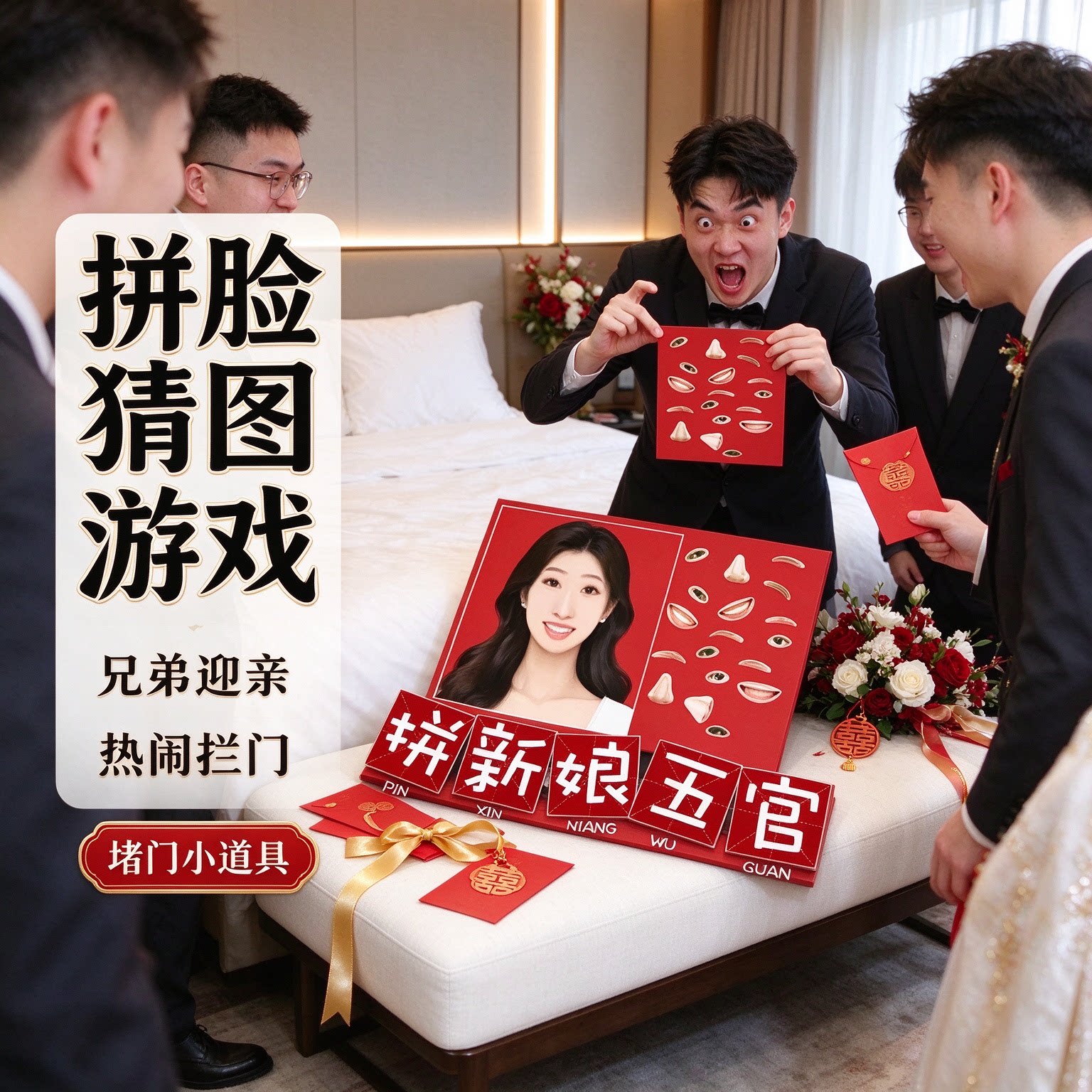 热闹婚礼游戏道具拼脸猜图兄弟迎亲拦门喜庆接亲拦门堵门小道具