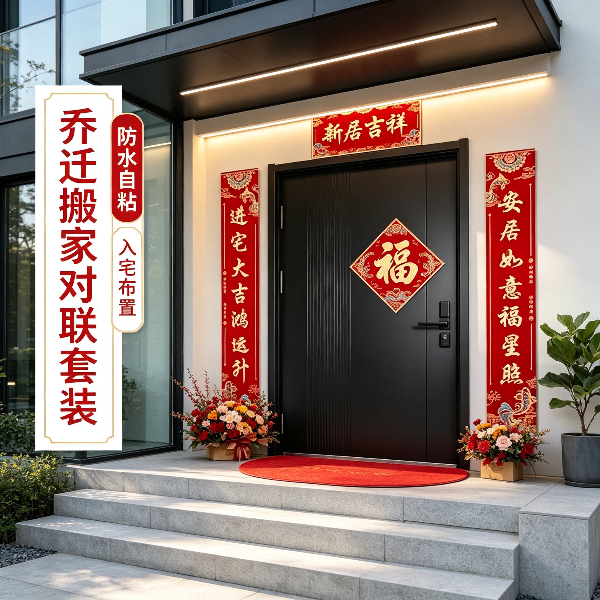 新房乔迁搬家入宅对联大尺寸自粘防水入户门全套仪式布置福字门贴
