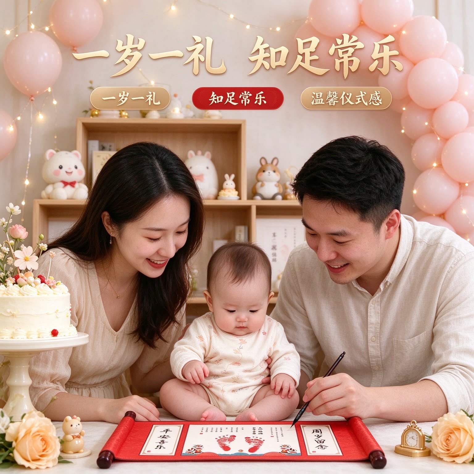 宝宝纪念礼物宝宝脚印卷轴挂画一岁一礼知足常乐萌趣可爱亲笔题写