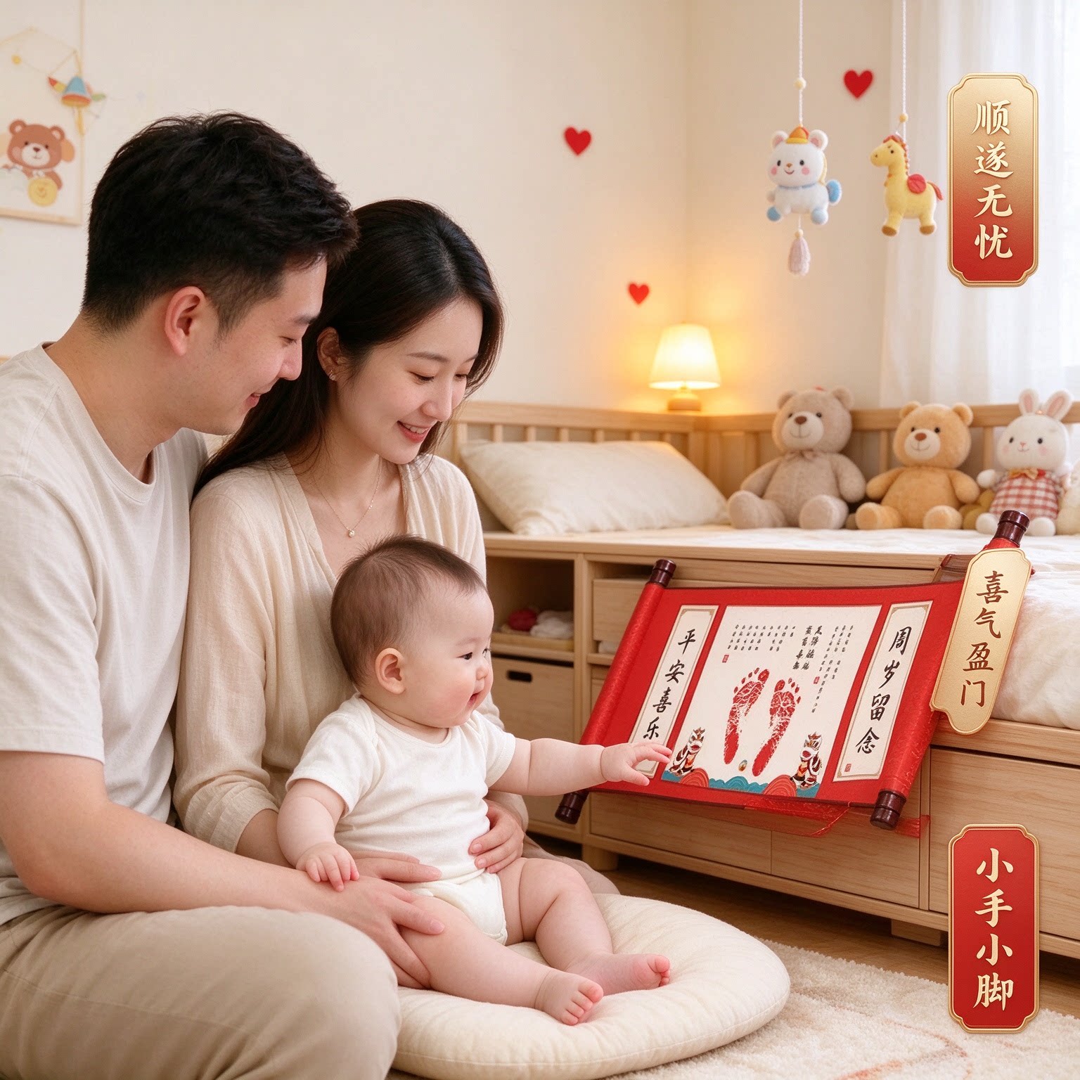 顺遂无忧宝宝周岁礼物手足印纪念品纪念卷轴画喜气盈门小手小脚