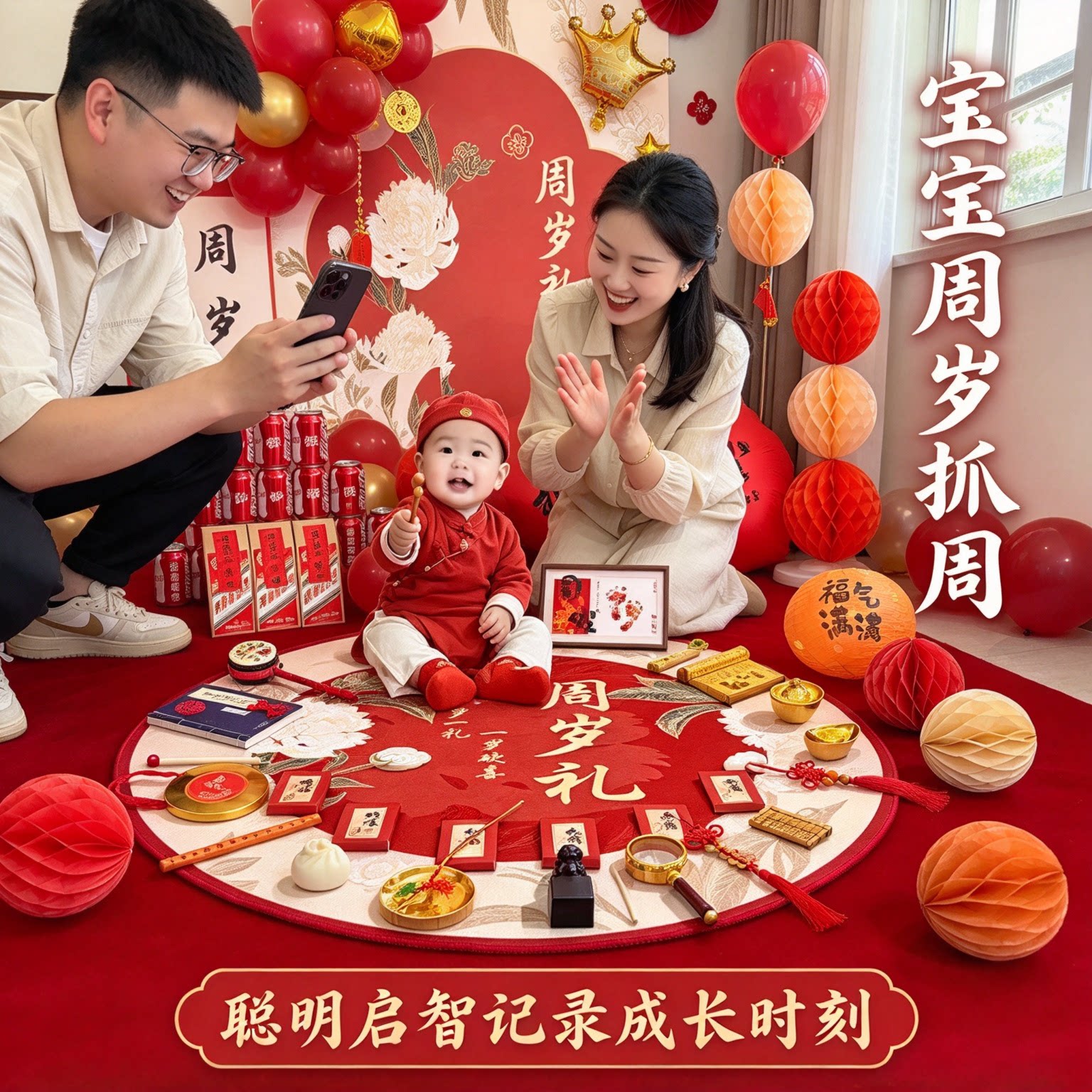 婴儿抓周用品套装男女孩30件套聪明门送封酒贴一周岁布置一整套