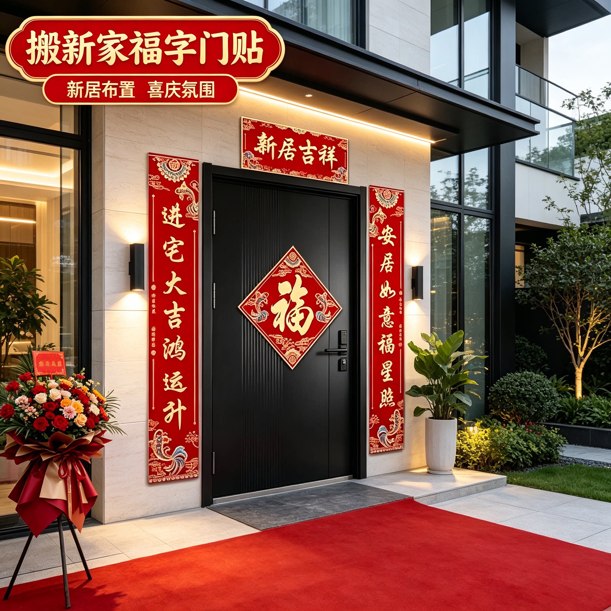 新房乔迁对联别墅大门2026新款防水复合纸搬新家装饰布置门贴