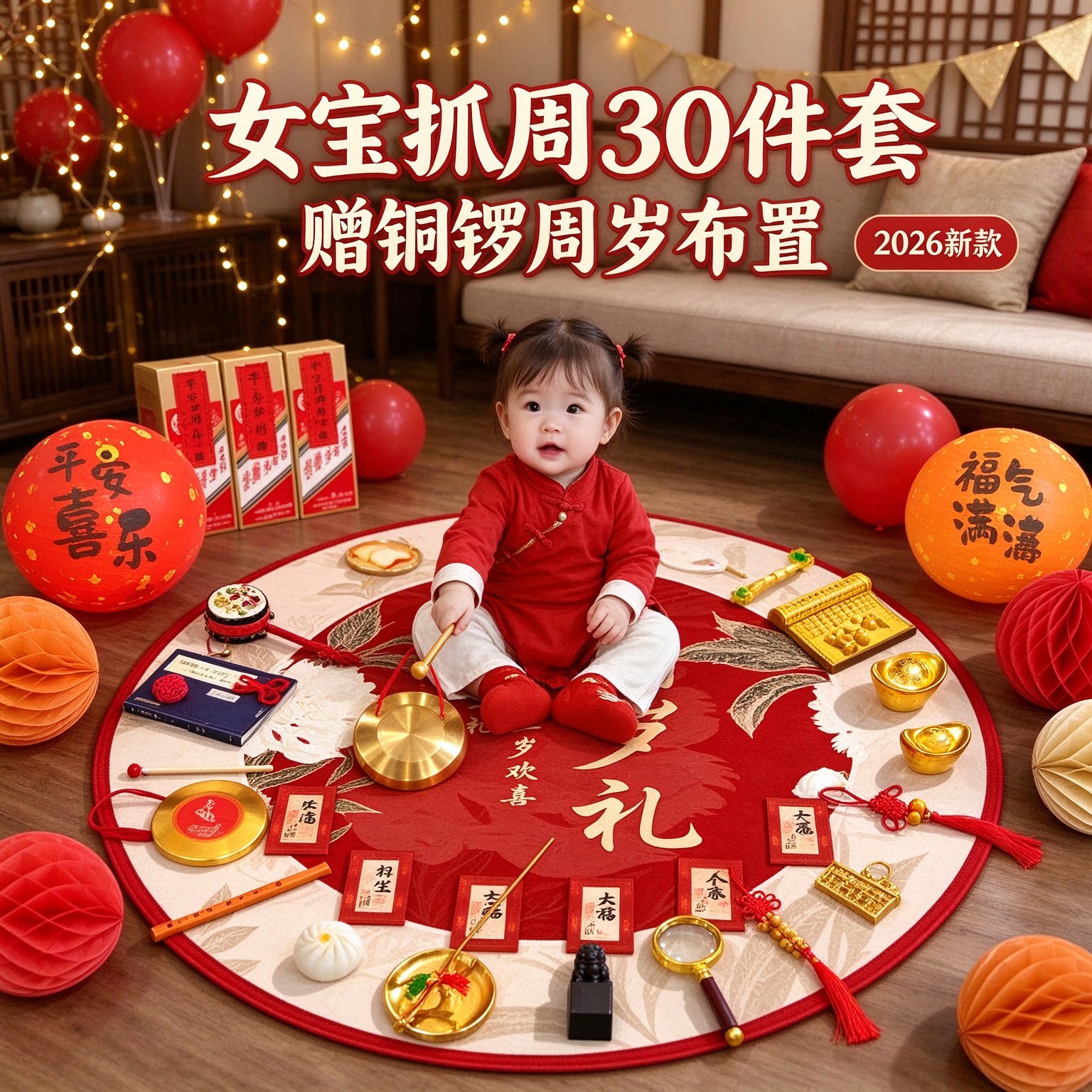 婴儿抓周道具女宝30件套2026新款赠铜锣一周岁布置套装用品大全