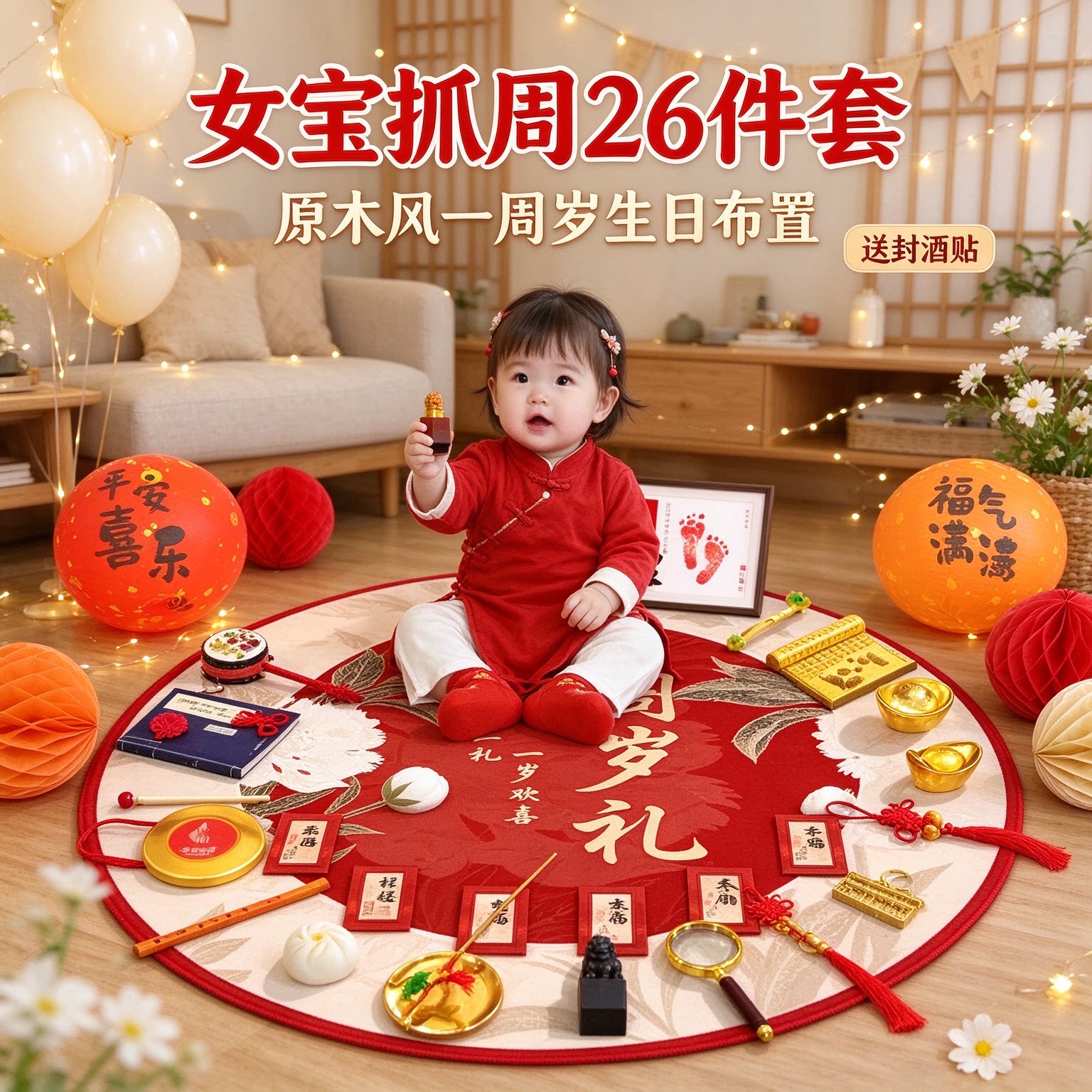 婴儿抓周道具女宝26件套原木风送封酒贴一周岁生日布置仪式用品