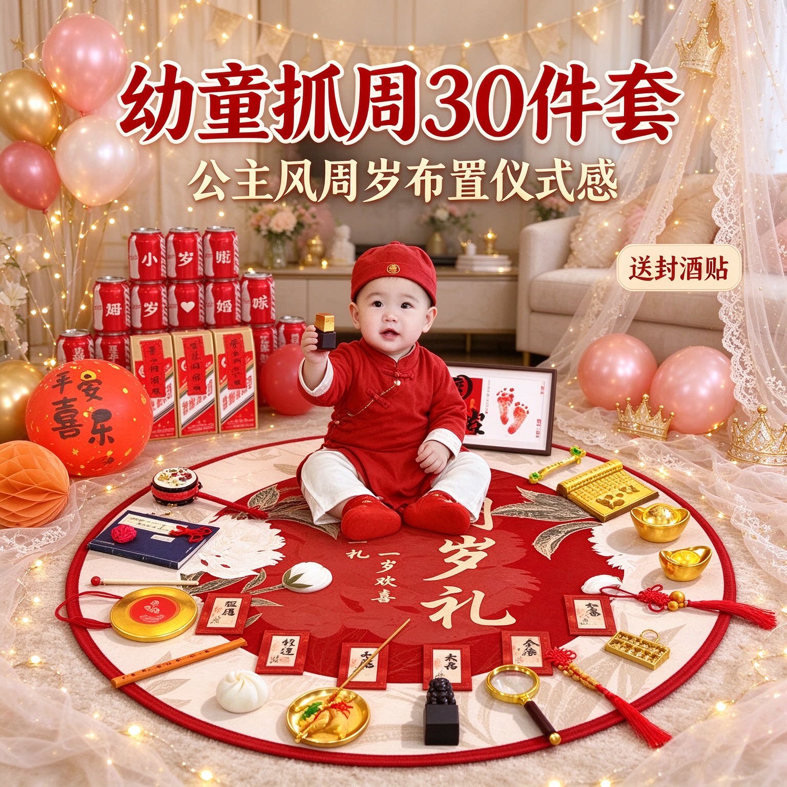 抓周道具套装幼童30件套公主风送封酒贴周岁布置仪式感用品大全