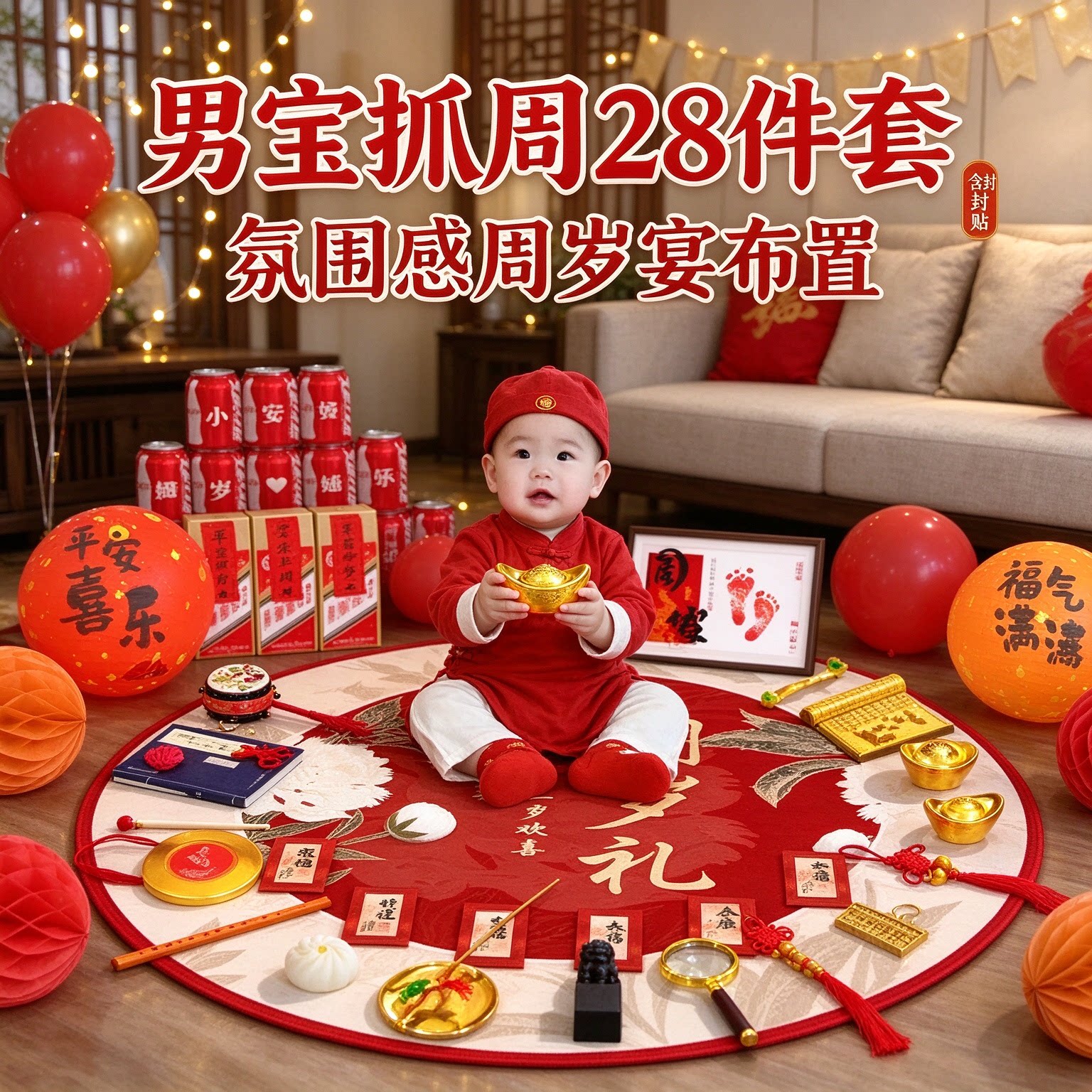 婴儿抓周道具男宝28件套氛围感送封酒贴周岁宴布置装饰用品大全