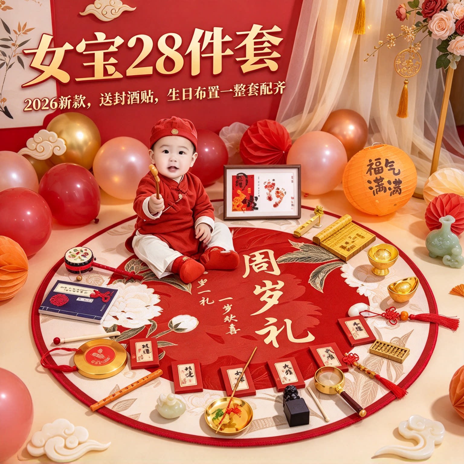 一周岁抓周用品道具女宝28件套2026新款送封酒贴生日布置一整套
