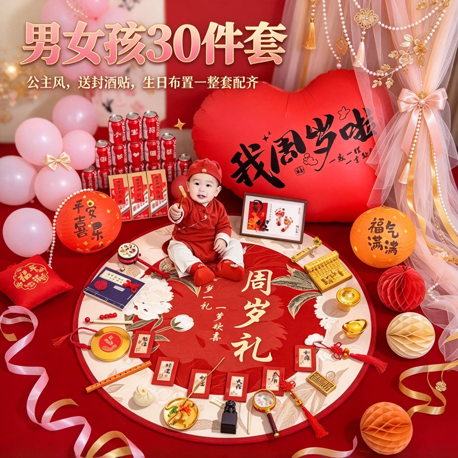 抓周用品一周岁道具男女孩30件套公主风送封酒贴生日布置一整套
