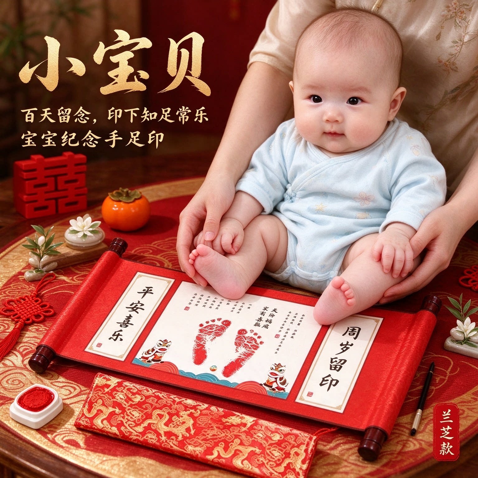 顺遂无忧弥月出生脚印手印宝宝送写字笔卷轴挂画满满仪式吉庆有余