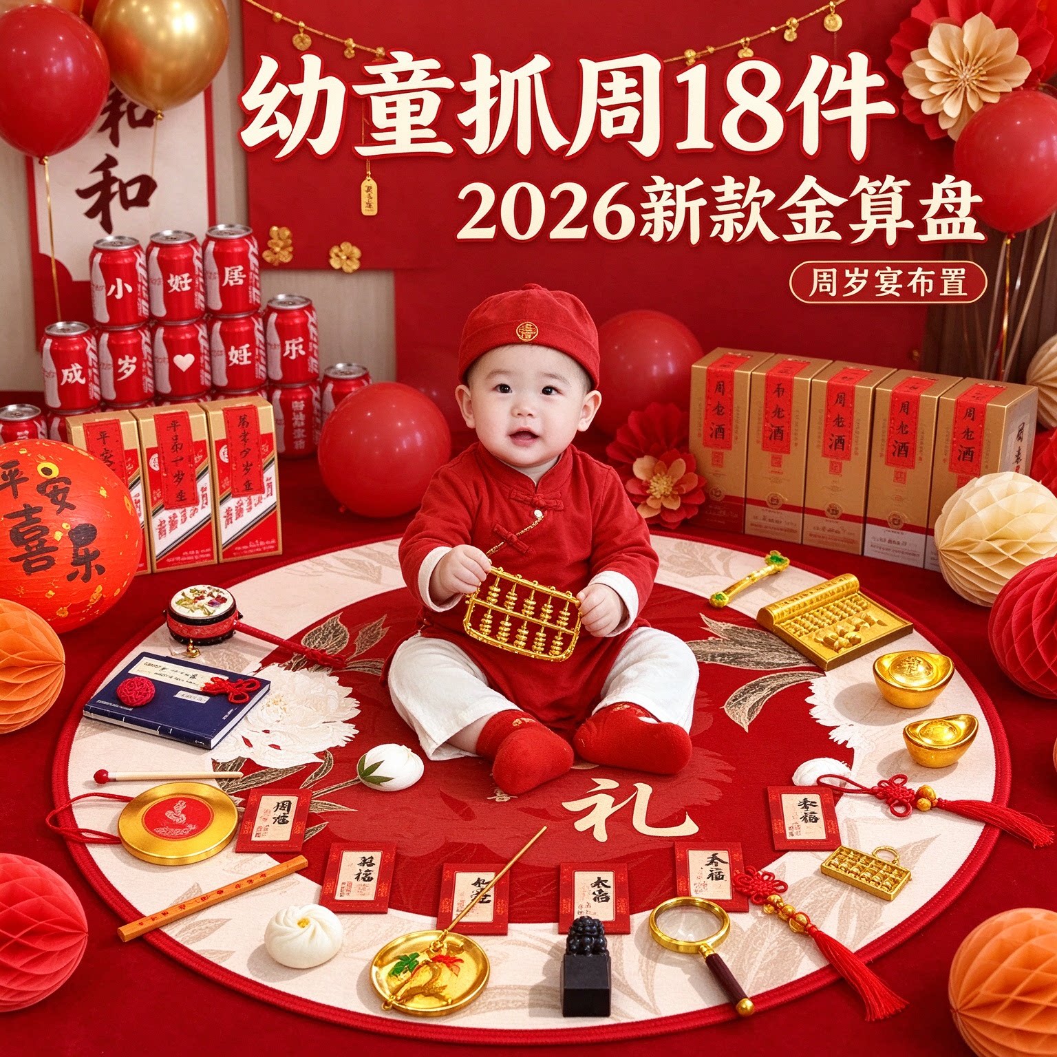 抓周道具套装幼童18件套2026新款金算盘周岁宴布置装饰用品大全