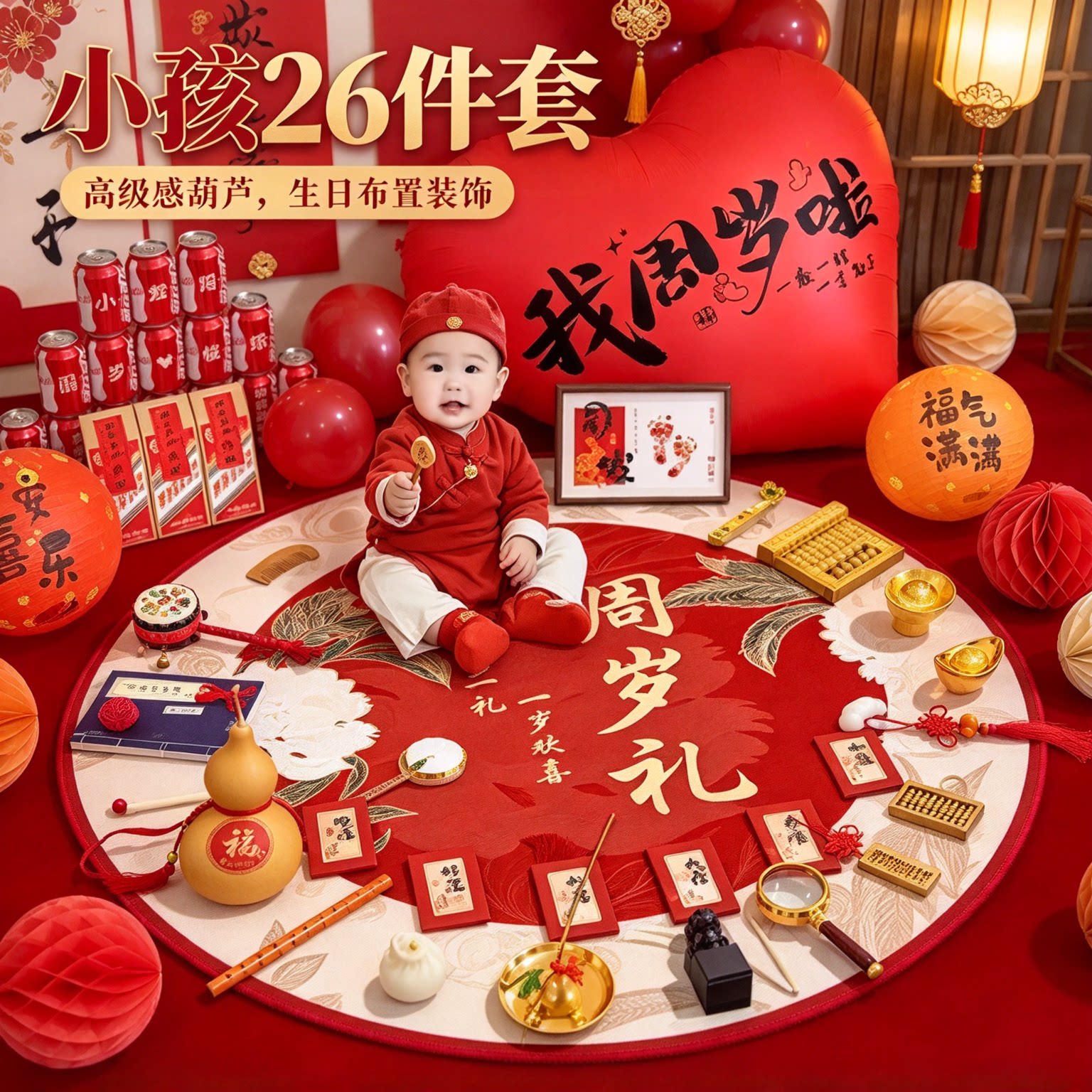 周岁礼抓周道具全套小孩26件套高级感葫芦生日布置装饰用品大全