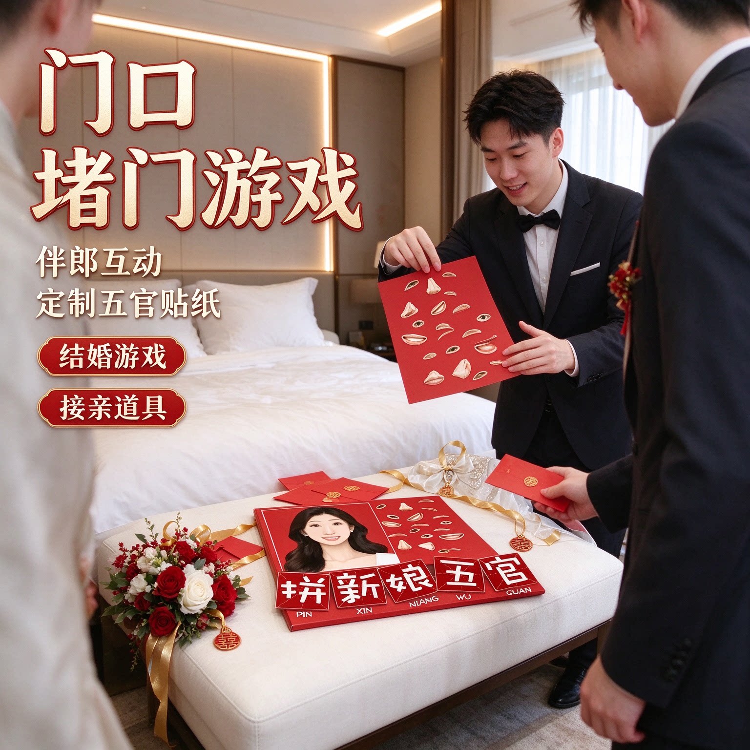结婚游戏接亲道具婚礼堵门小游戏伴郎门口堵门游戏款定制五官贴纸