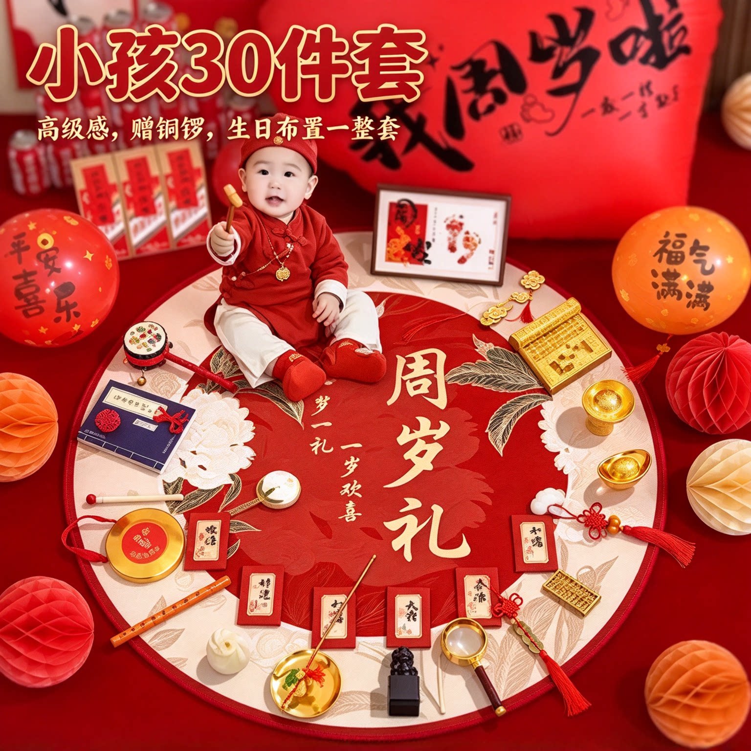 一周岁抓周用品道具套装小孩30件套高级感赠铜锣生日布置一整套