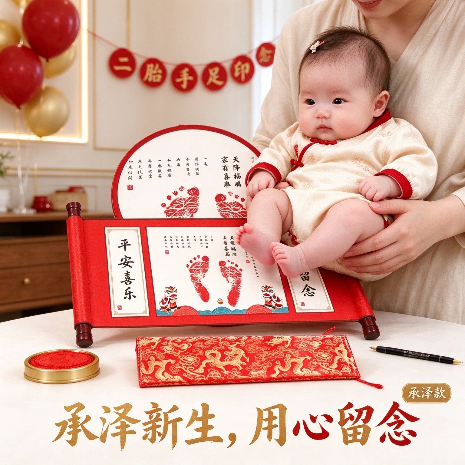 二胎宝宝新生儿礼物小脚丫宝宝手足印卷轴挂画知足常乐用心留念