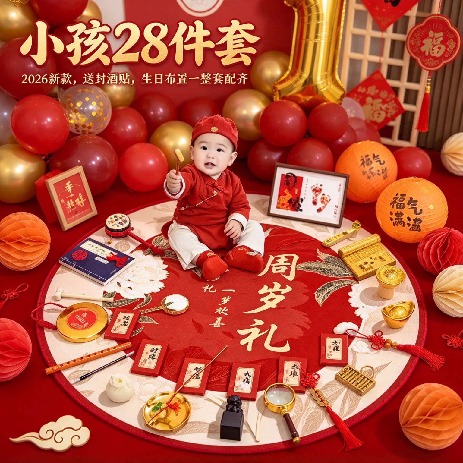 一周岁抓周用品道具小孩28件套2026新款送封酒贴生日布置一整套