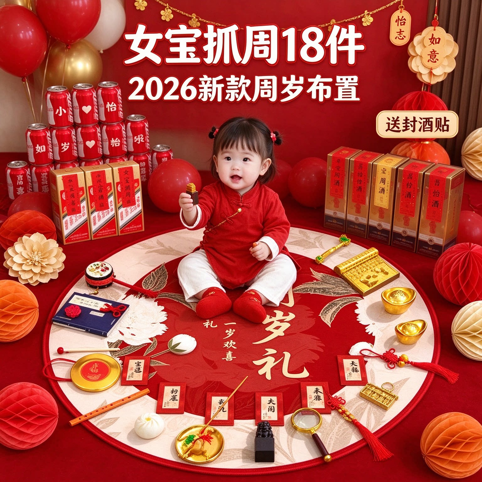 抓周道具套装女宝18件2026新款送封酒贴周岁布置仪式感用品大全