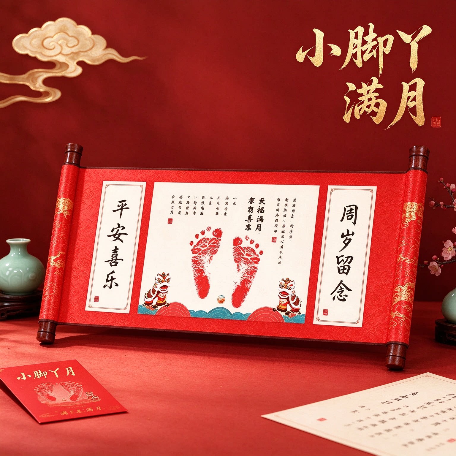 小脚丫满月中式婴儿手足印成长纪念礼物岁岁平安温馨留念弥月之喜
