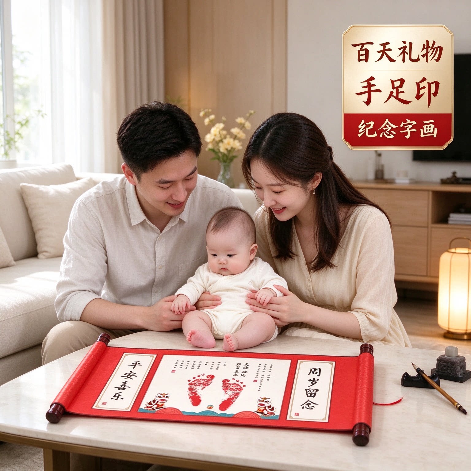 百天礼物手足印纪念品纪念字画知足常乐聪明伶俐用心留念喜气洋洋