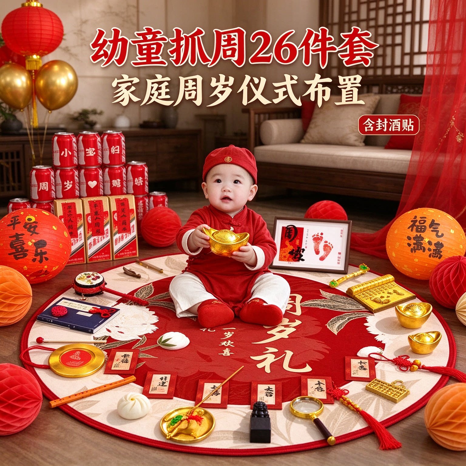抓周道具套装幼童26件套家庭版送封酒贴周岁布置仪式感用品大全