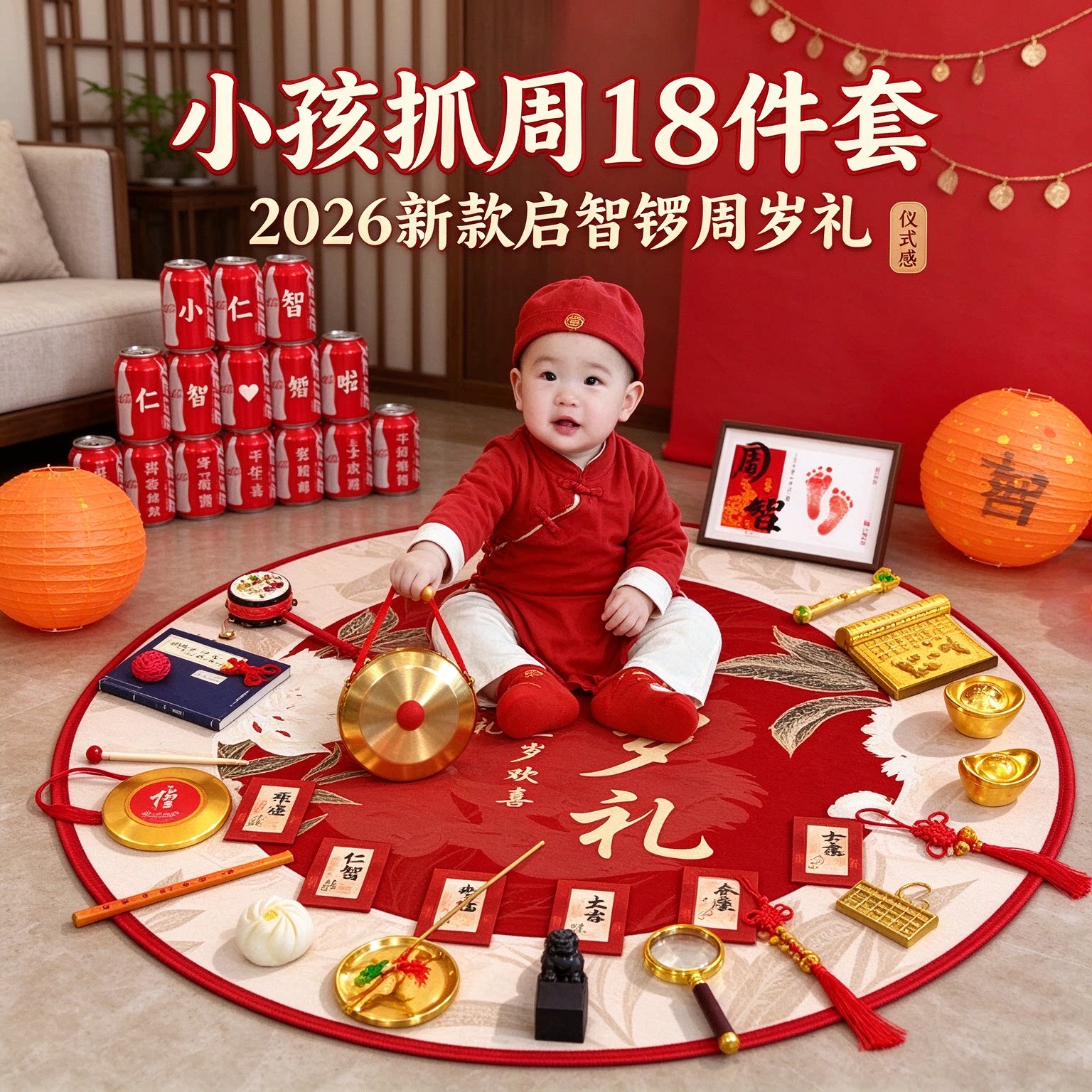 婴儿抓周道具小孩18件套2026新款启智锣一周岁布置套装用品大全