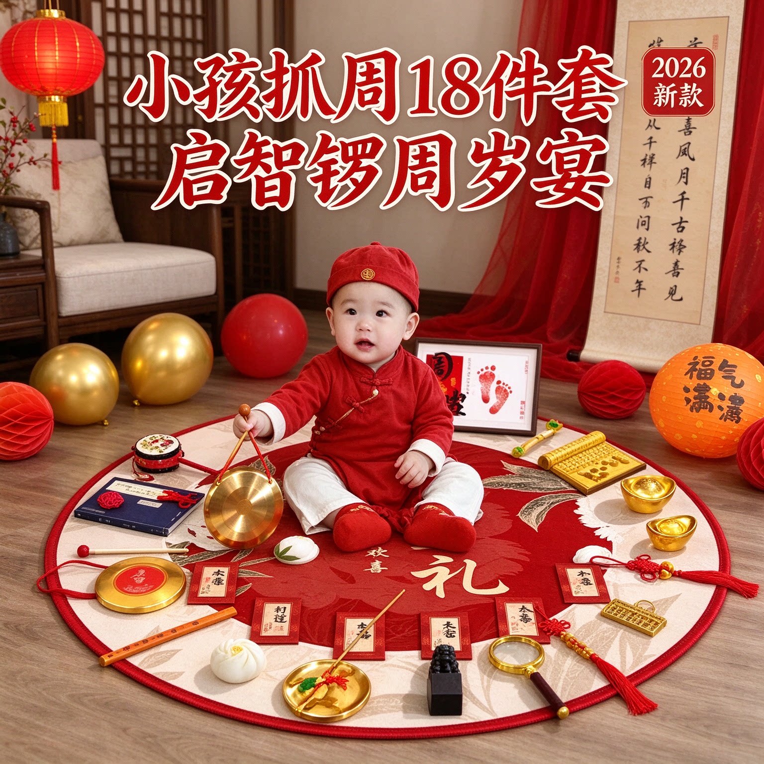 抓周道具套装小孩18件套2026新款启智锣周岁宴布置装饰用品大全