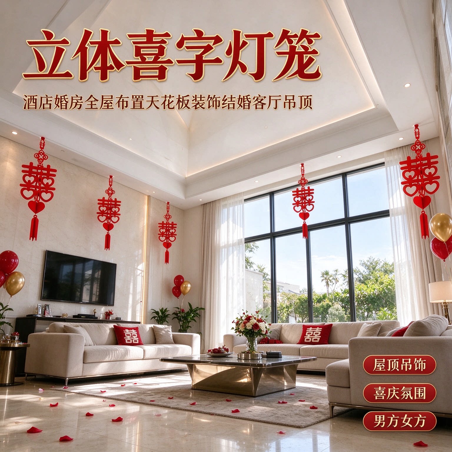 立体喜字灯笼酒店婚房全屋布置天花板装饰结婚客厅吊顶屋顶吊饰