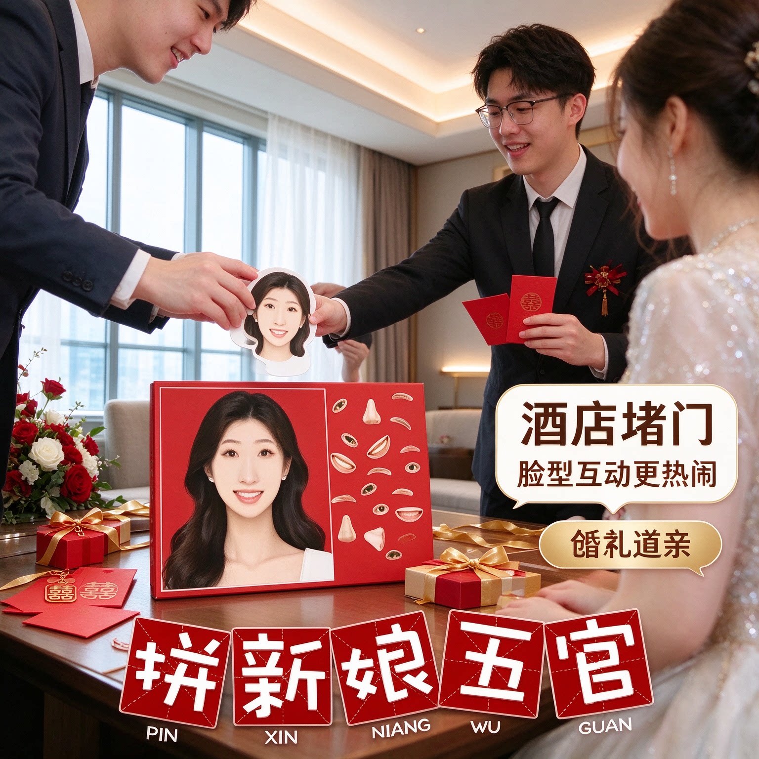 婚礼道具结婚创意接亲游戏兄弟脸型堵门迎亲款道具款堵门小道具