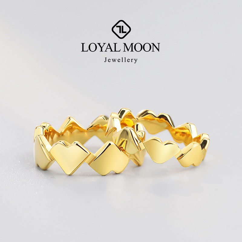 赤月 爱心情侣对戒时尚小众个性设计黄金色食指男女时尚心形戒指
