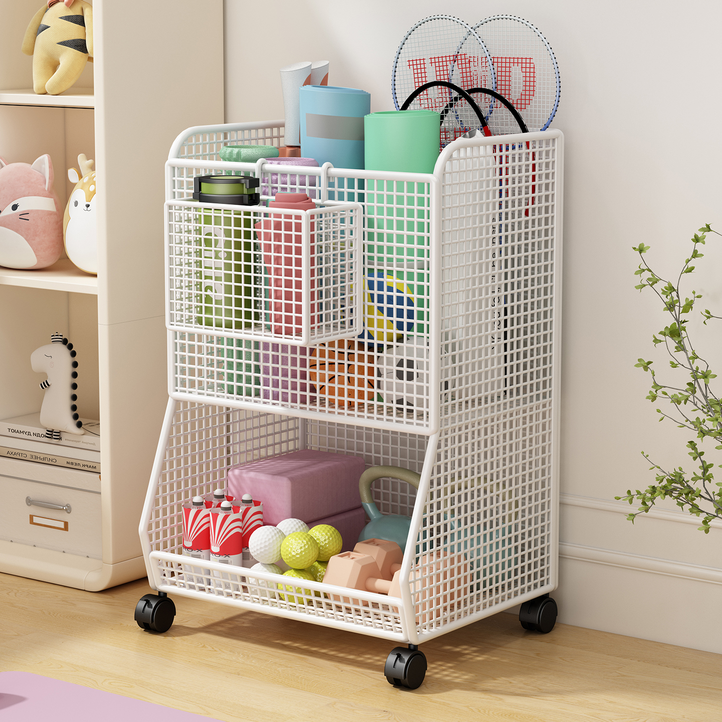 瑜珈垫收纳筐带轮置物架运动健身器材篮球羽毛球拍收纳层架整理神