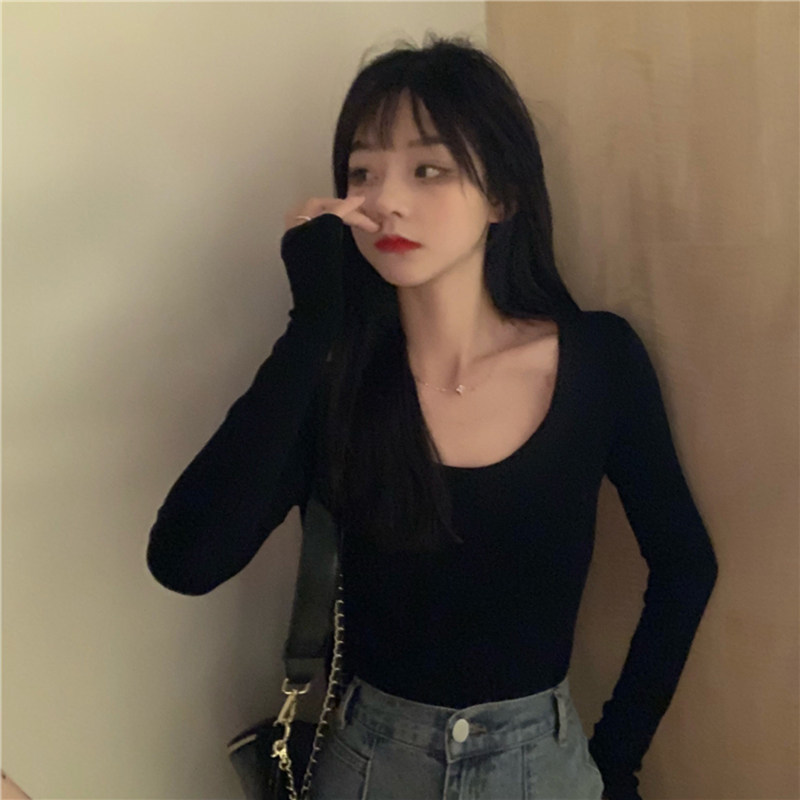 黑色内衬长袖性感打底衫女时尚潮流T恤春秋薄款修身低领紧身上衣