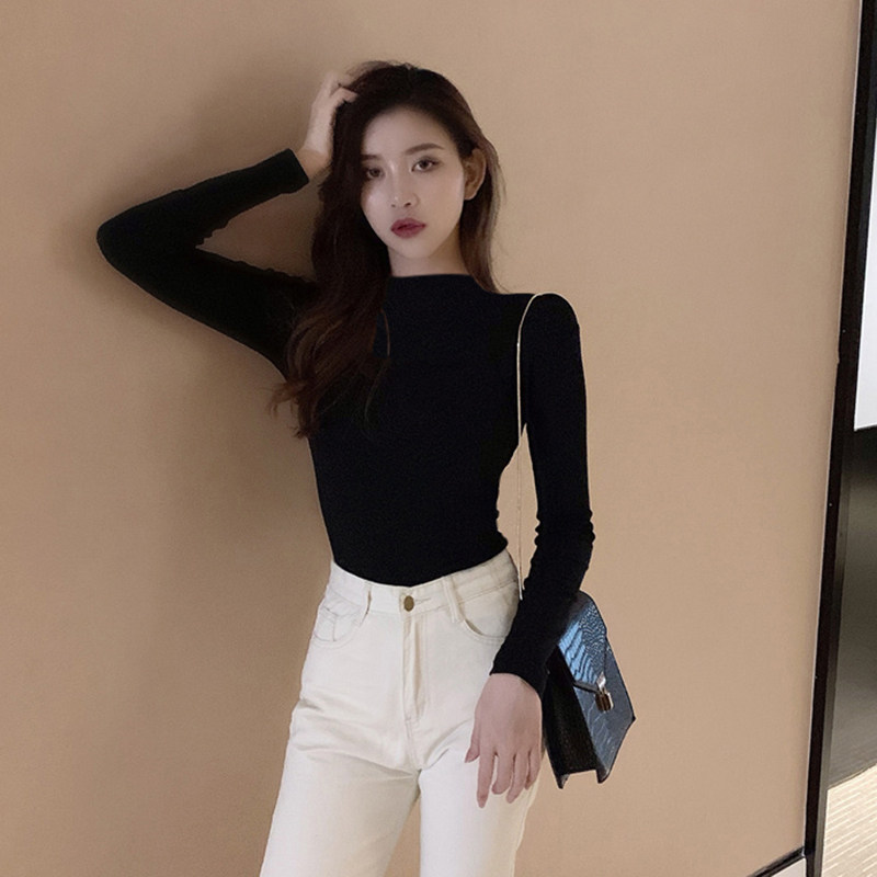 半高领长袖打底衫女秋冬内搭洋气2022年纯棉黑色百搭紧身上衣潮