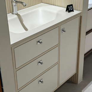 法式奶油色双拼烤漆岩板热弯盆可定制浴室柜洗手台卫生间