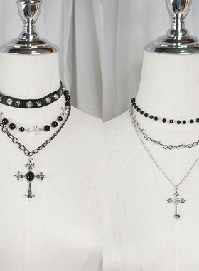 辣妹哥特十字架叠戴锁骨链项链女