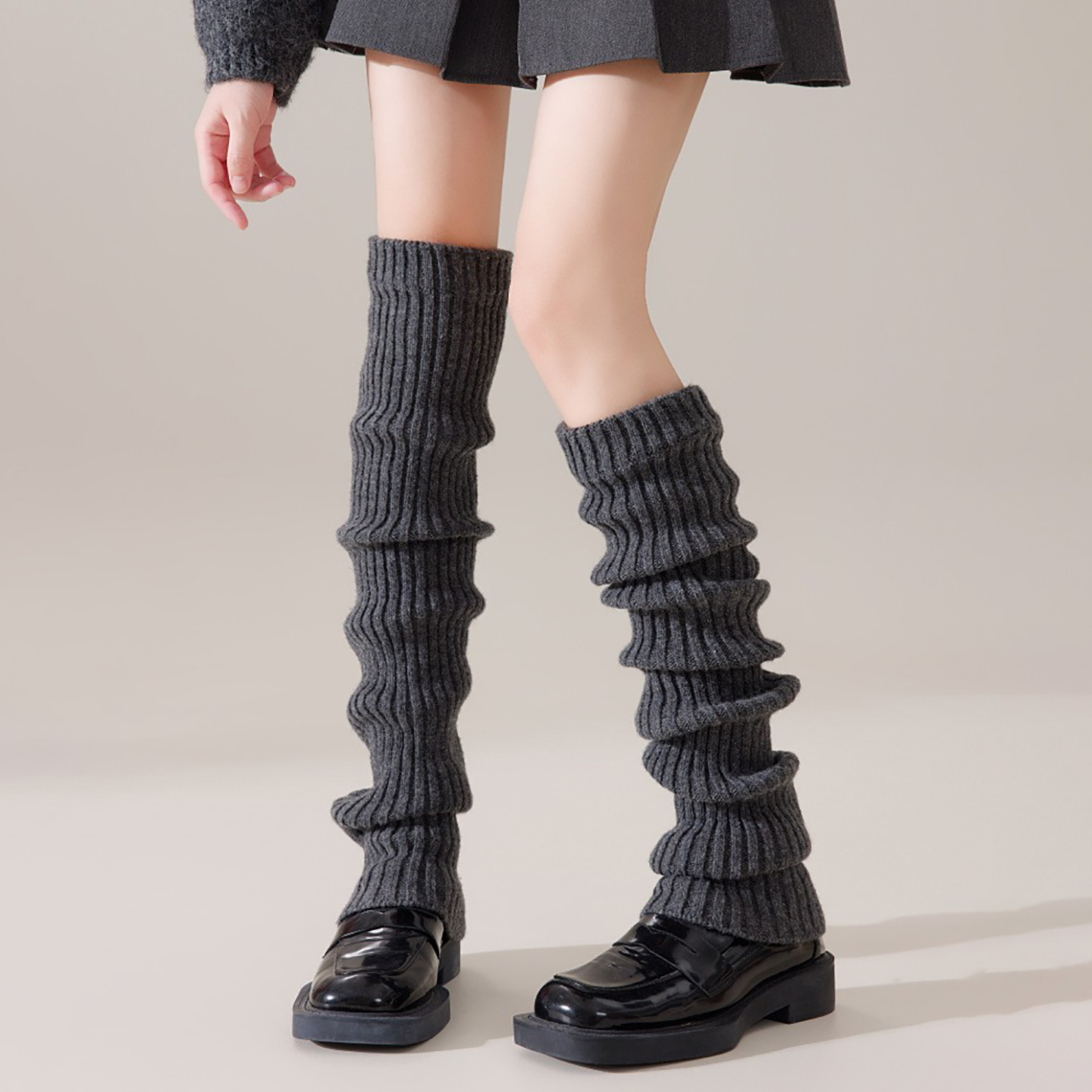 秋冬竖条纹过膝袜套女式针织长筒堆堆袜高筒纯色保暖腿套防寒脚套