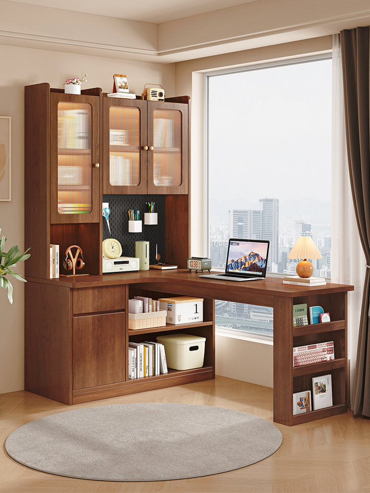 中古风实木转角书桌书柜书架一体组合带玻璃家用卧室学生学习桌子