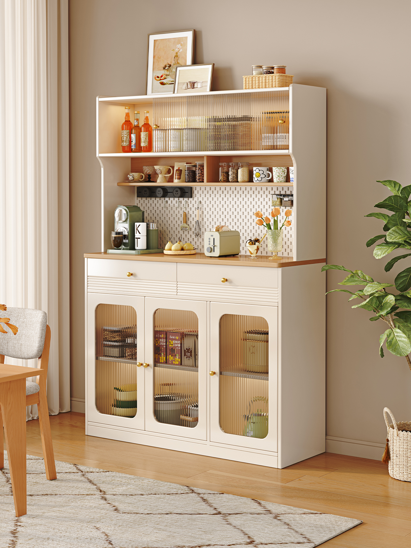 原木奶油风高餐边柜靠墙一体家用厨房客厅酒柜现代简约储物收纳柜