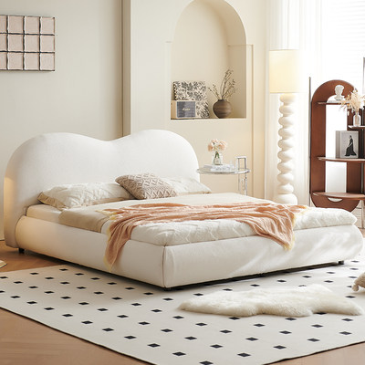 法式羊羔绒公主床简约奶油风卧室床北欧高端网红白色泡芙布艺床