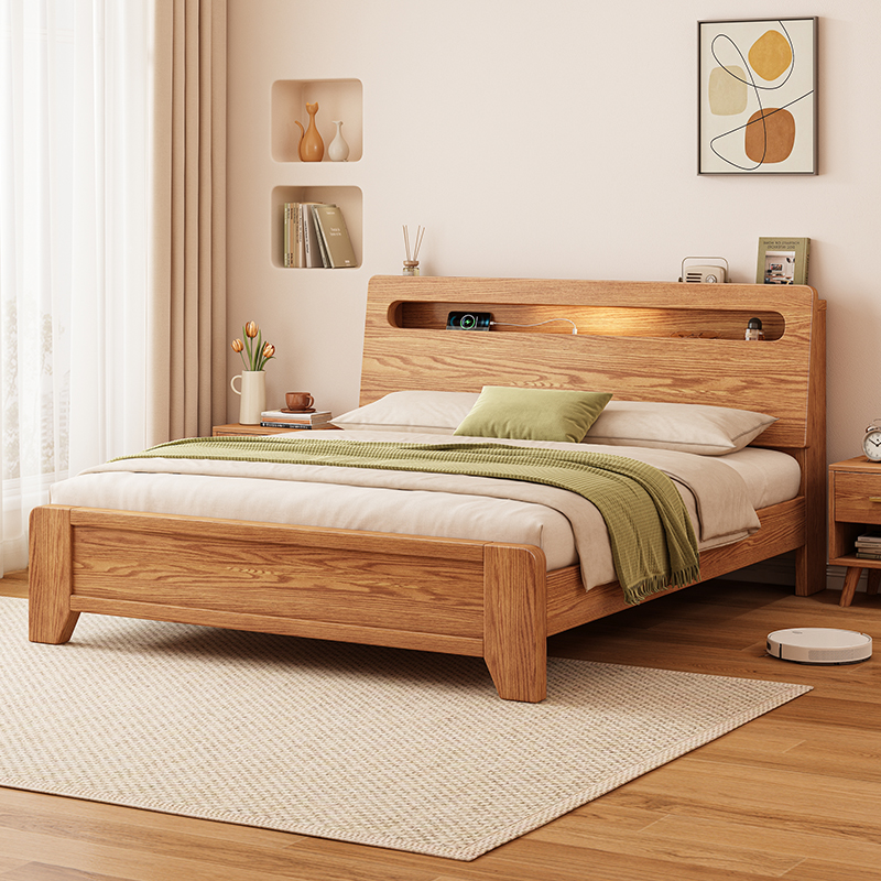 全实木1.5米双人床储物橡木床