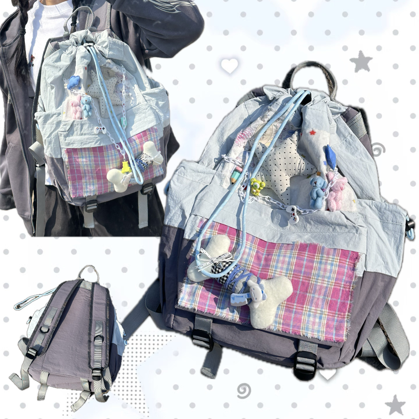 黑樱酱 日韩复古y2k辣妹甜酷撞色贴布慵懒抽绳百搭休闲痛包双肩包