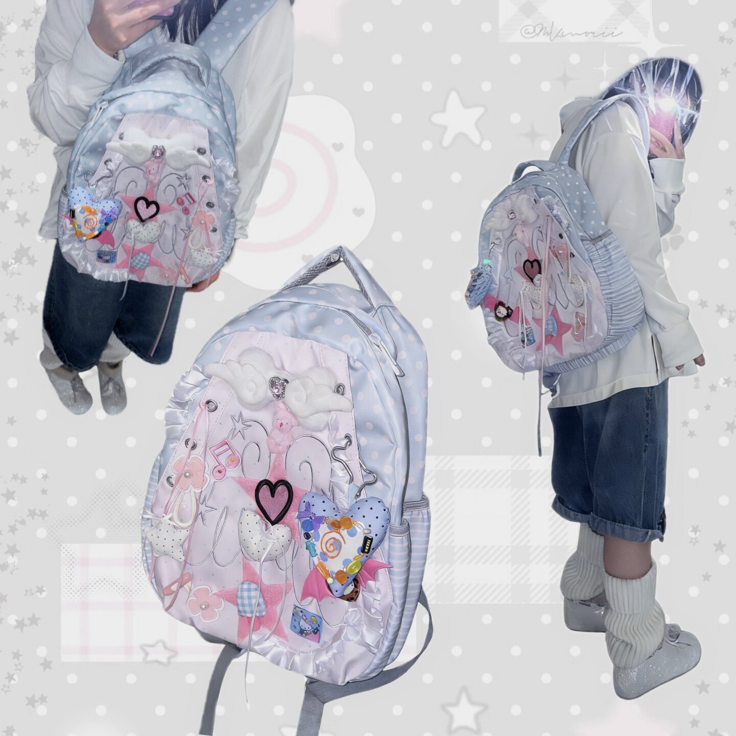 黑樱酱 自制翅膀日系软妹二次元y2k爱心可爱复古休闲学院风双肩包