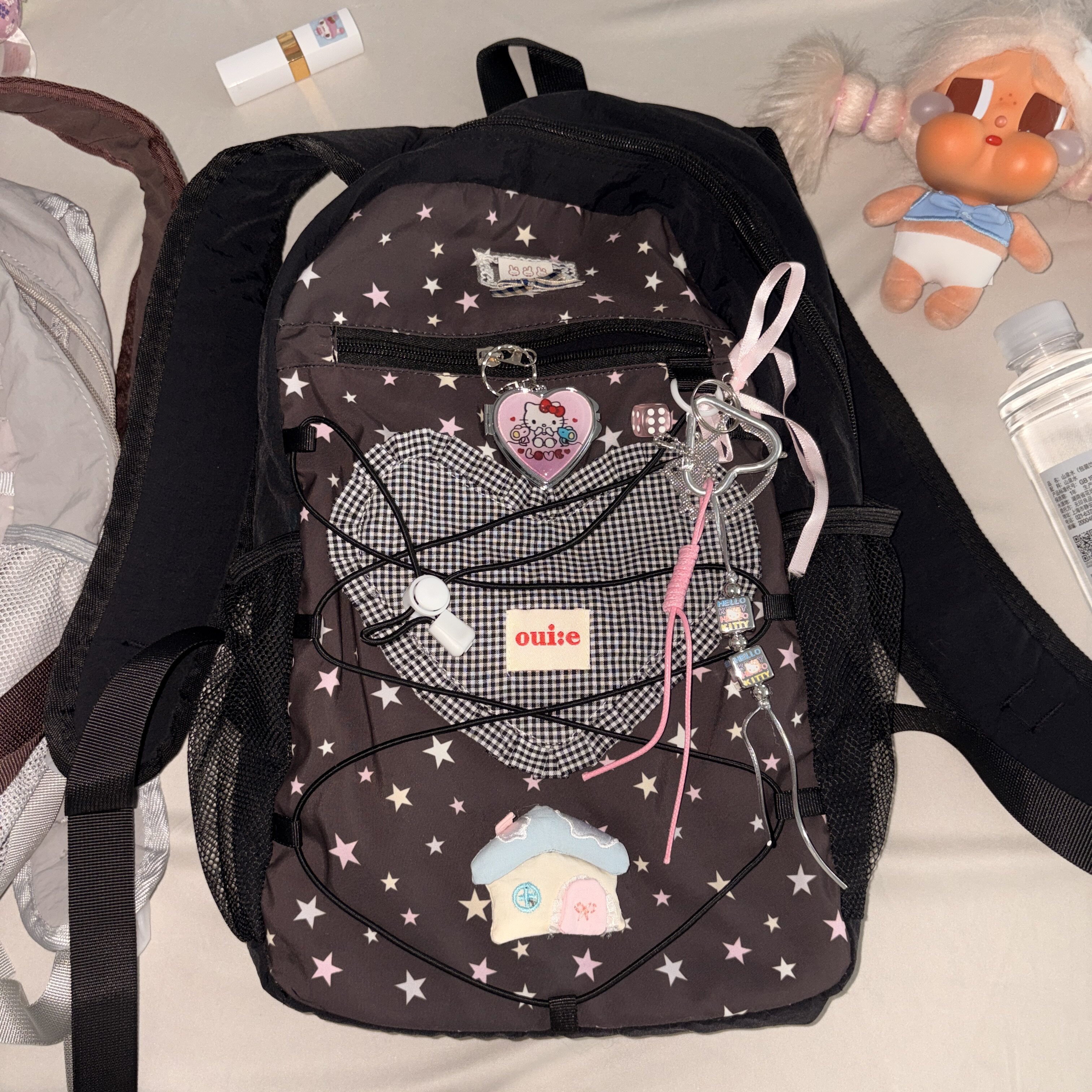 黑樱酱 自留款梦幻星星中古感爱心挂件日韩学院风休闲双肩包书包